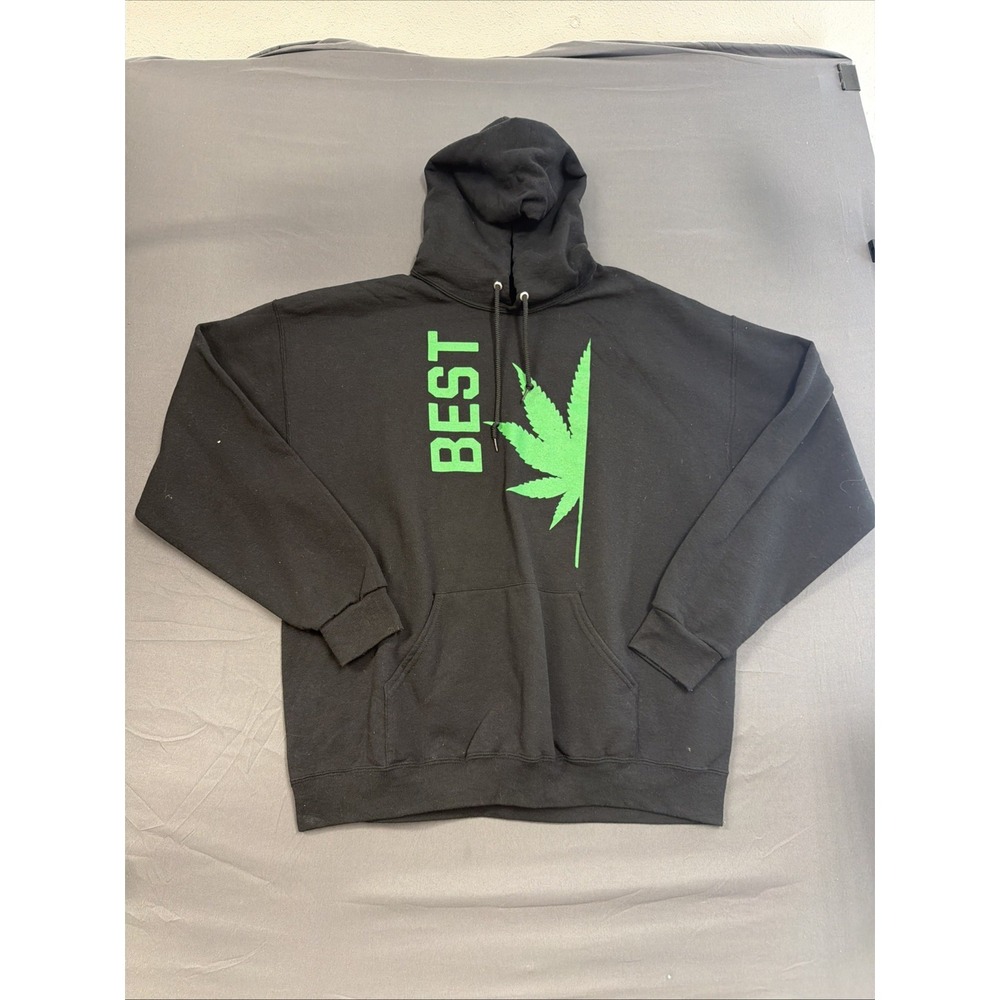 black hoodie features a green, split pot leaf graphic next to the word "BEST
